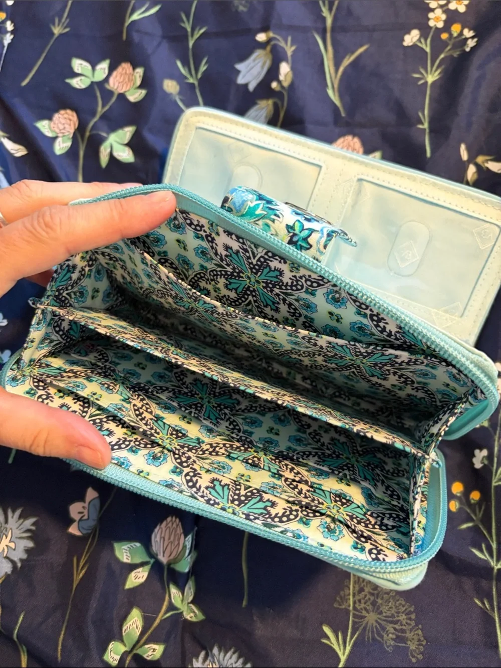 Vera Bradley Teal and Light Blue Floral Quilted Zip Wallet